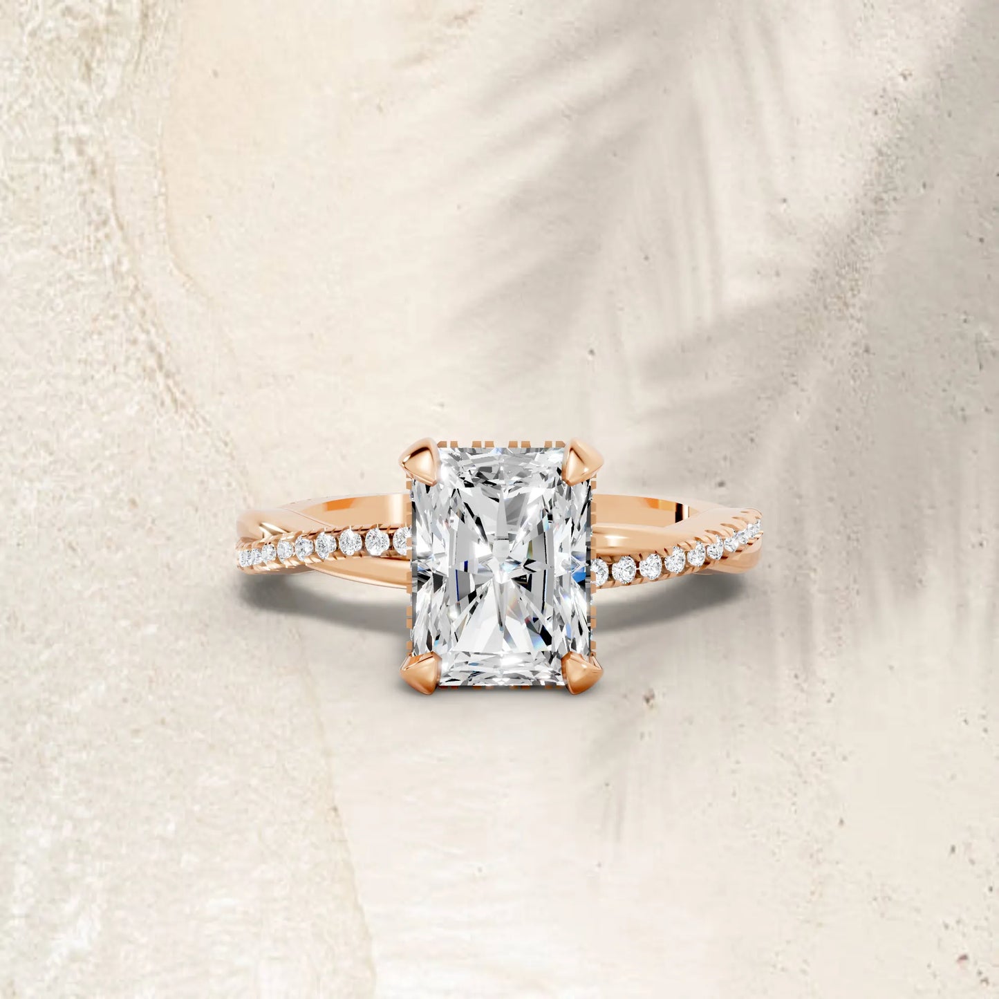 14K Gold Radient Cut Diamond Twisted Vine Hidden Halo Engagement Ring