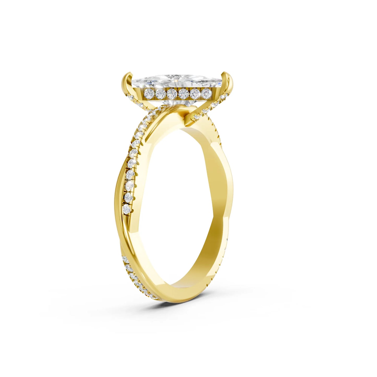 14K Gold Trillion Cut Diamond Twisted Vine Hidden Halo Engagement Ring
