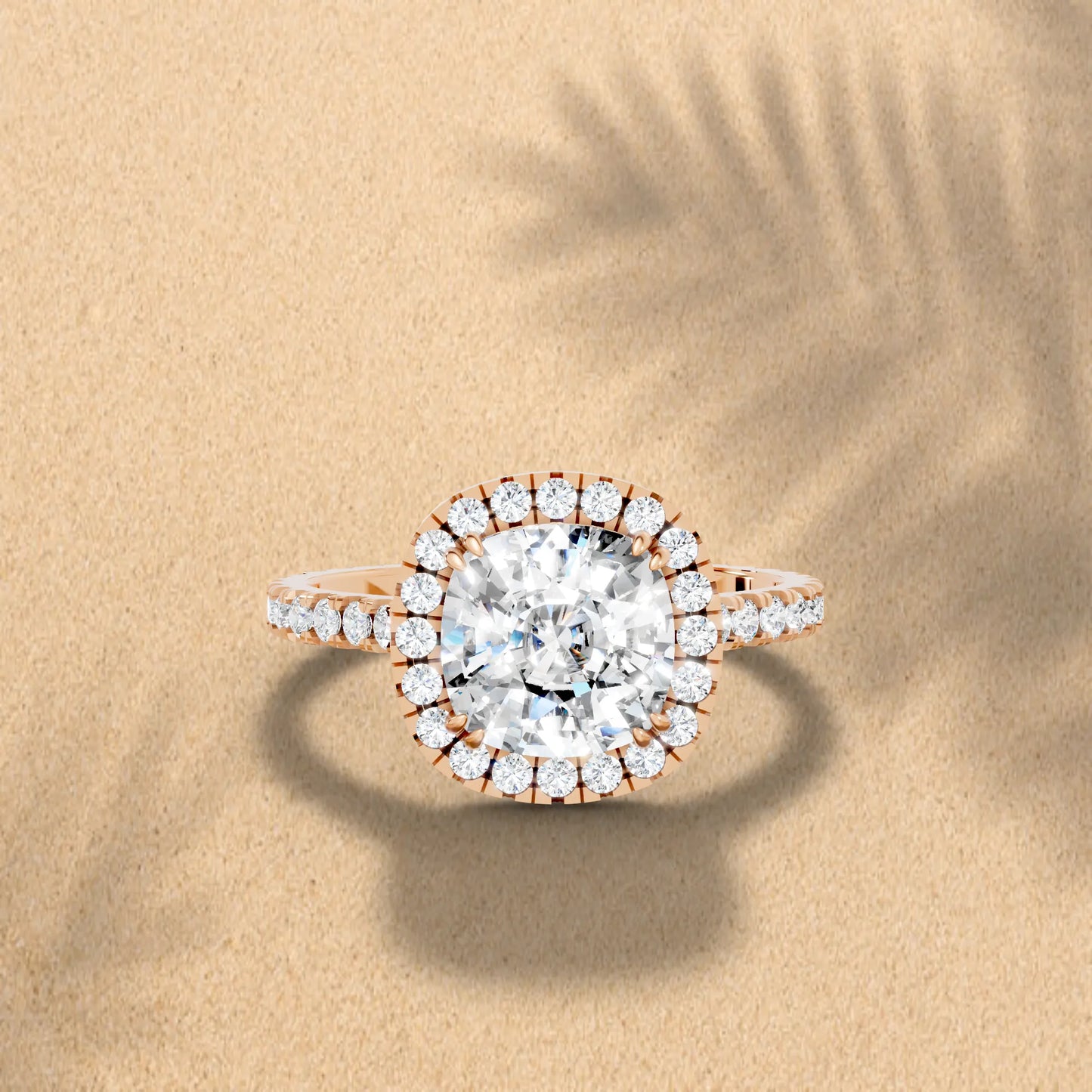 14K Gold Cushion Cut Diamond Halo Pave Engagement Ring