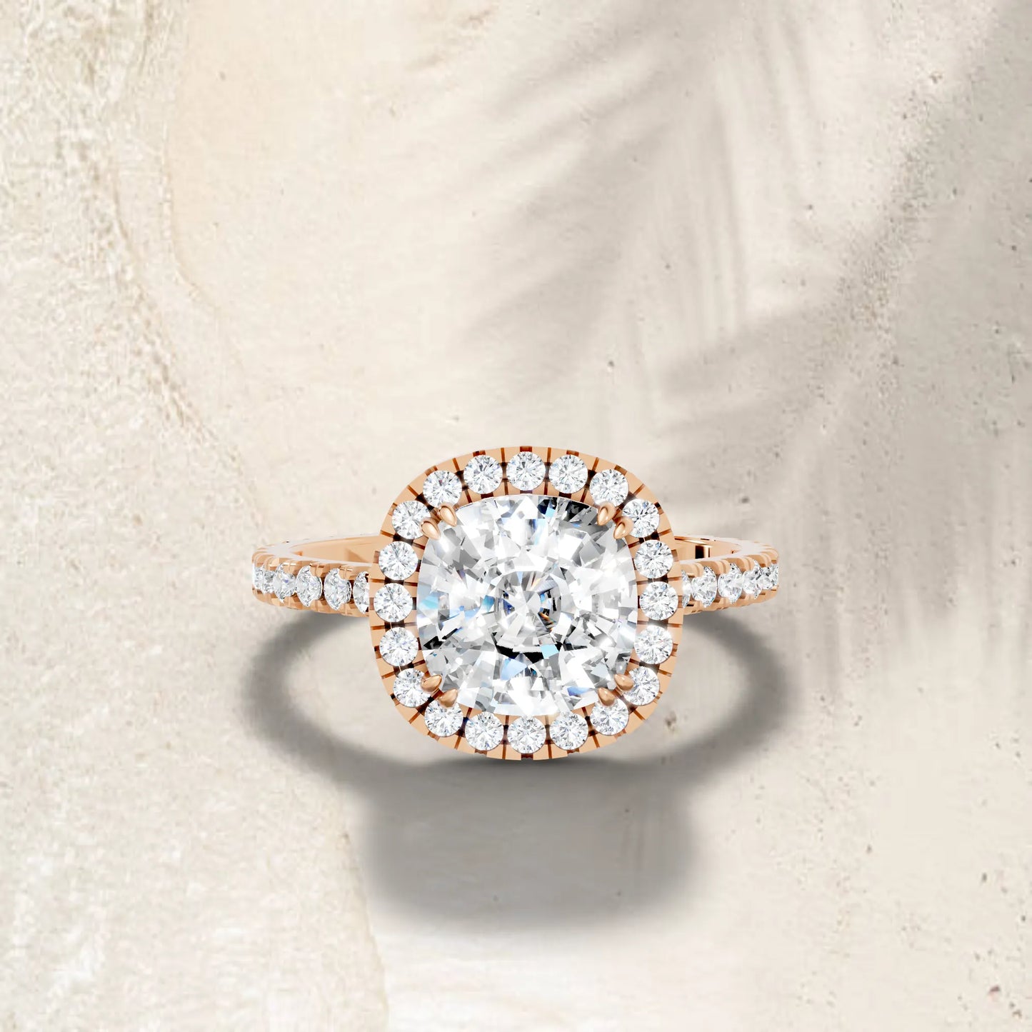 14K Gold Cushion Cut Diamond Halo Pave Engagement Ring