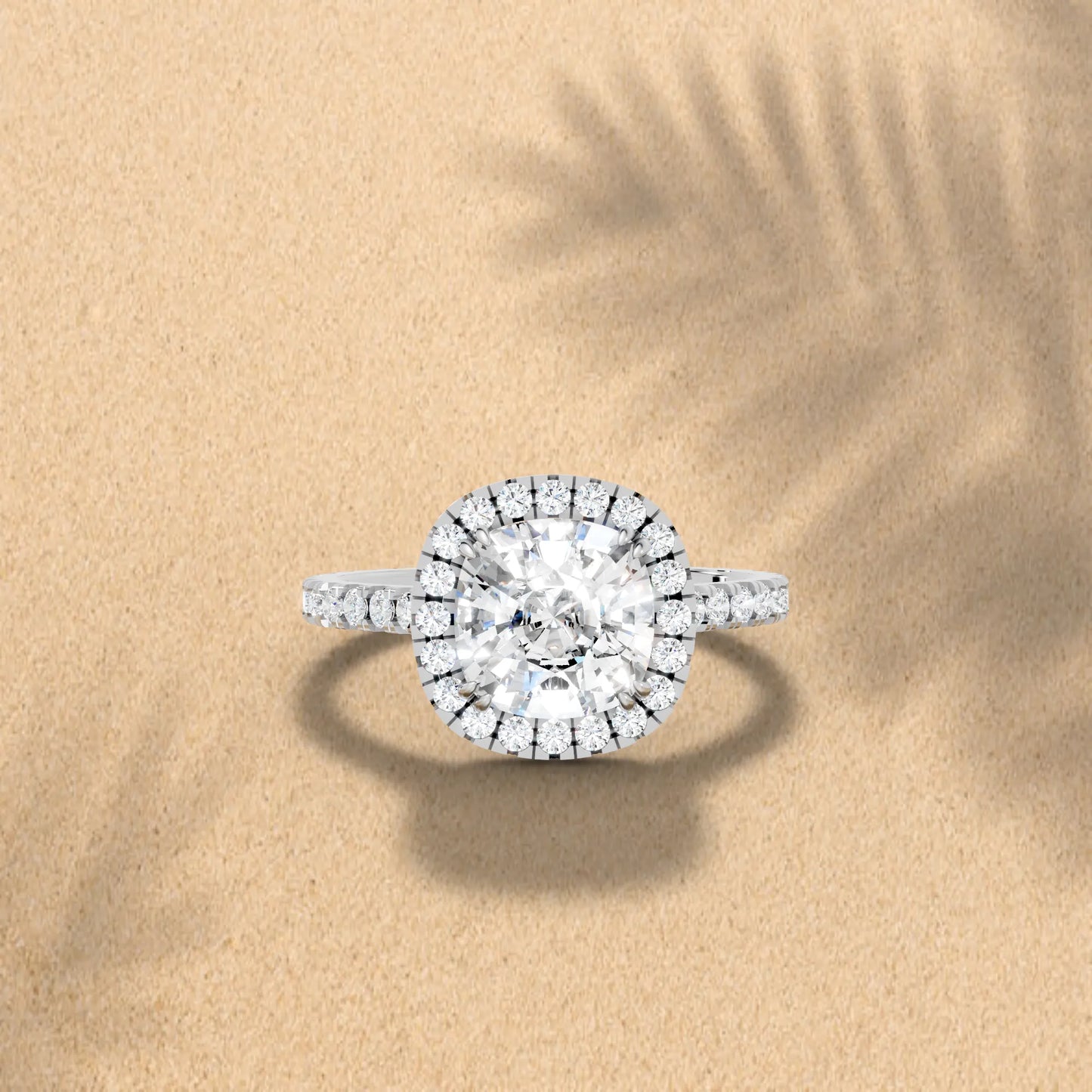 14K Gold Cushion Cut Diamond Halo Pave Engagement Ring