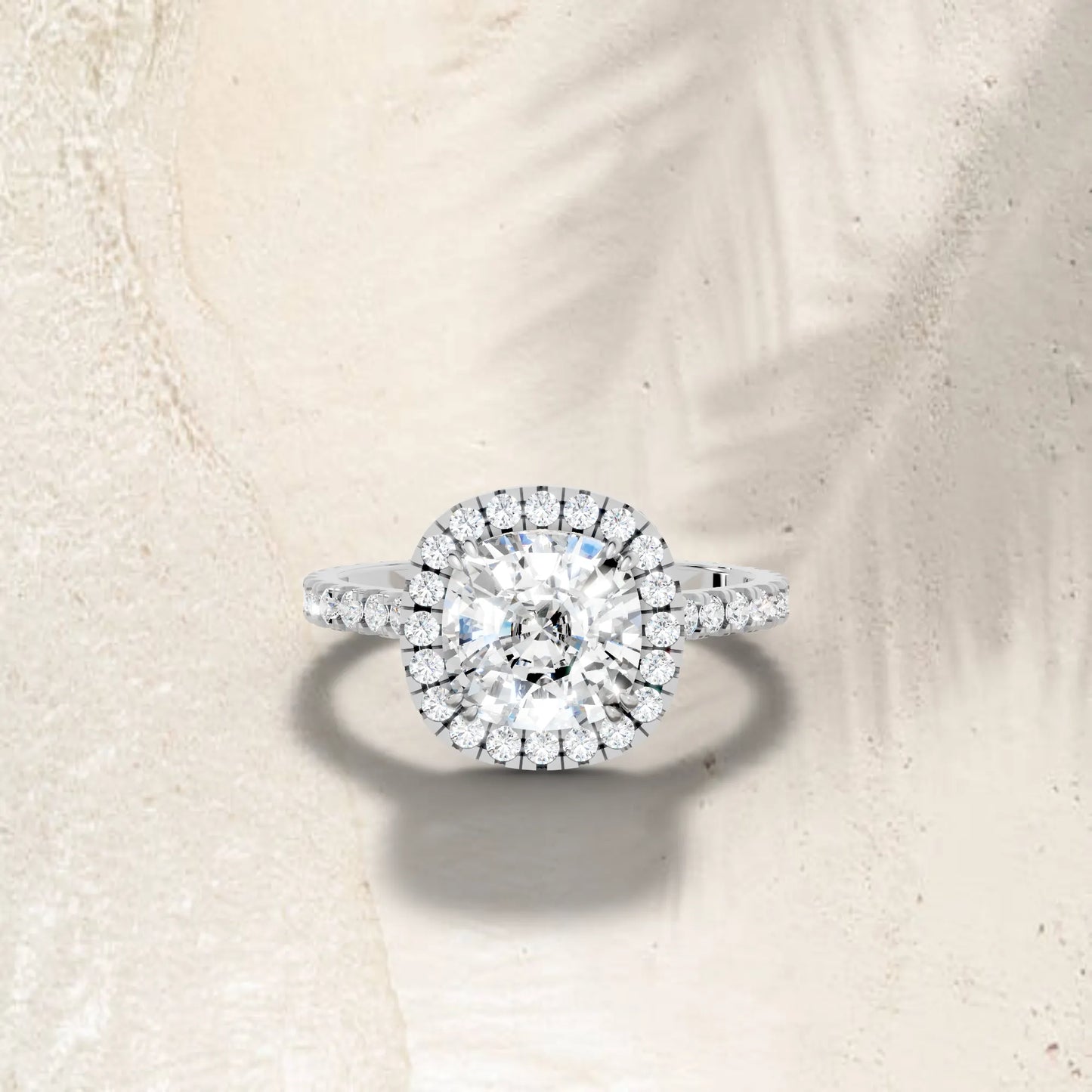 14K Gold Cushion Cut Diamond Halo Pave Engagement Ring