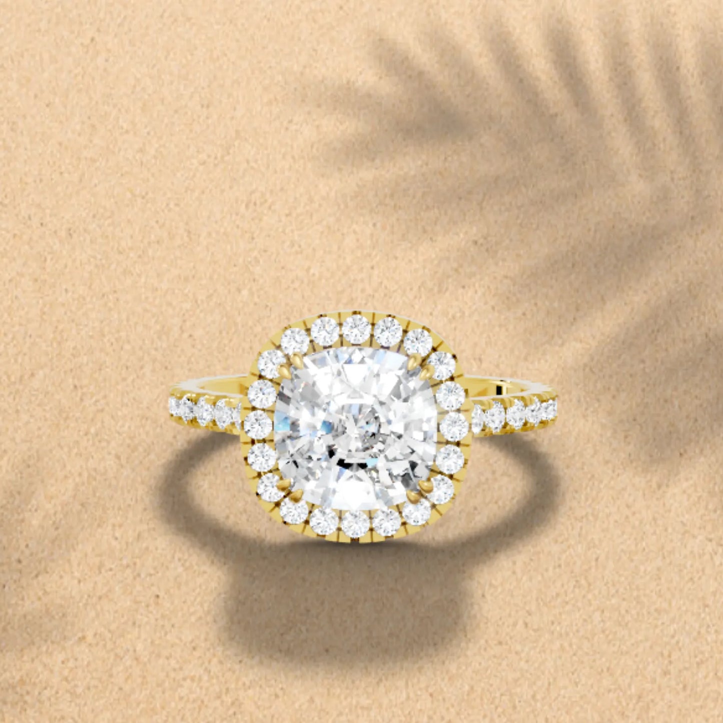 14K Gold Cushion Cut Diamond Halo Pave Engagement Ring