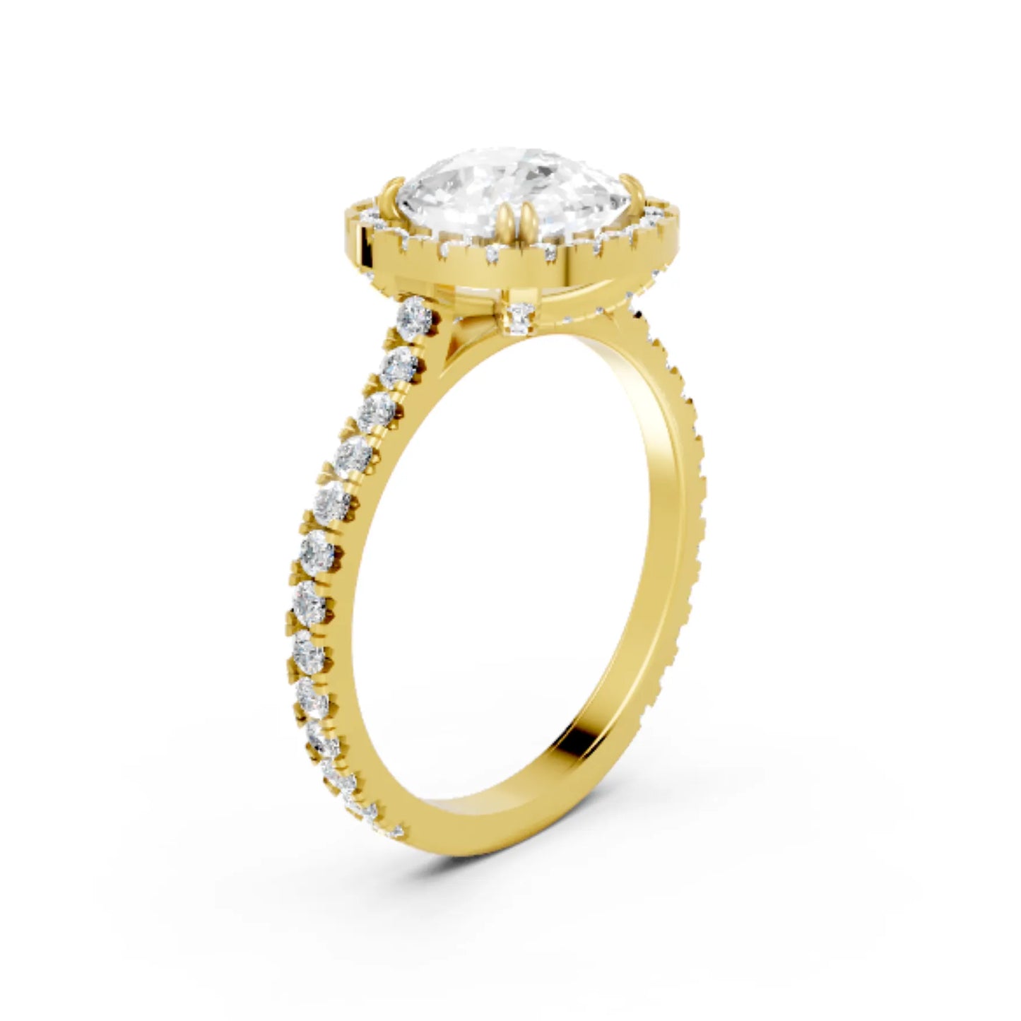 14K Gold Cushion Cut Diamond Halo Pave Engagement Ring