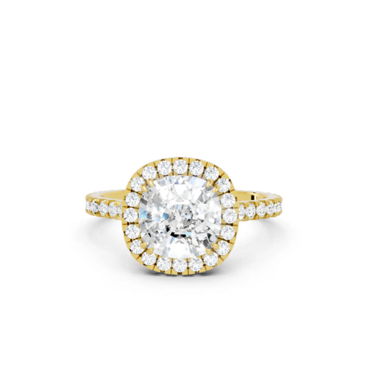 14K Gold Cushion Cut Diamond Halo Pave Engagement Ring