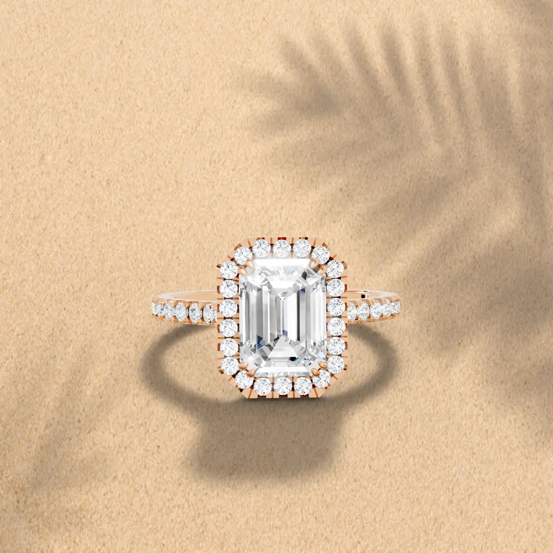 14K Gold Emerald Cut Diamond Halo Pave Engagement Ring