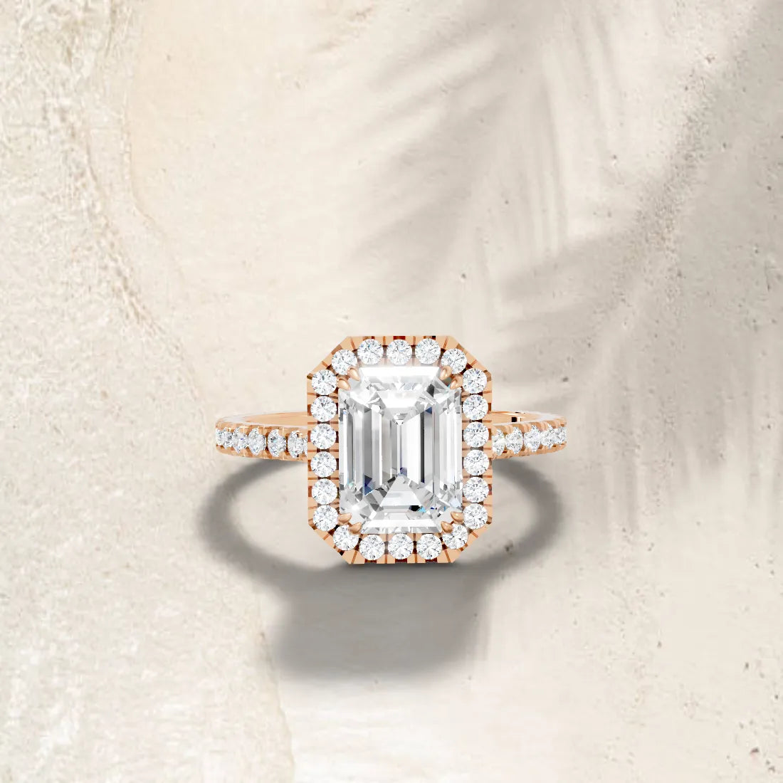 14K Gold Emerald Cut Diamond Halo Pave Engagement Ring