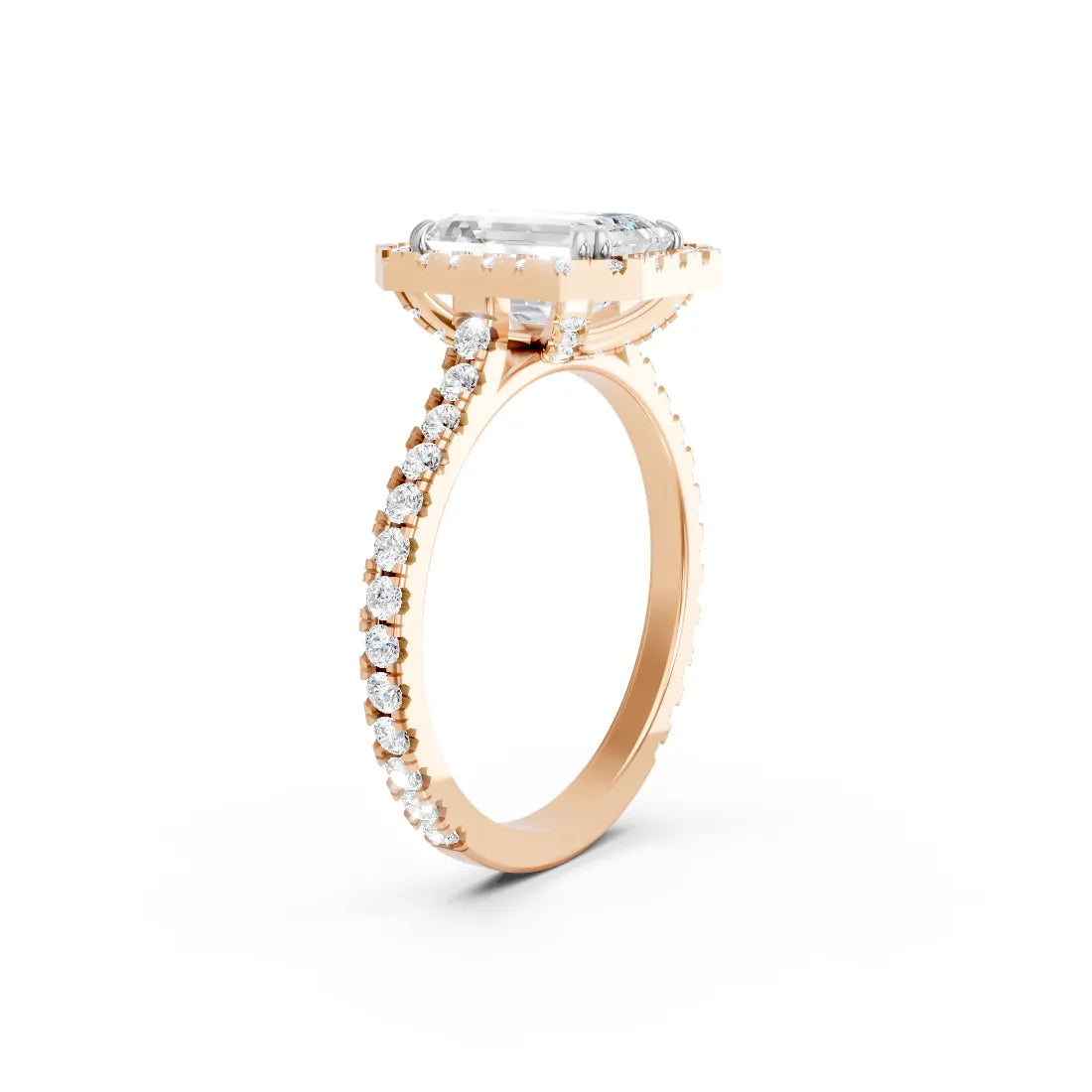 14K Gold Emerald Cut Diamond Halo Pave Engagement Ring