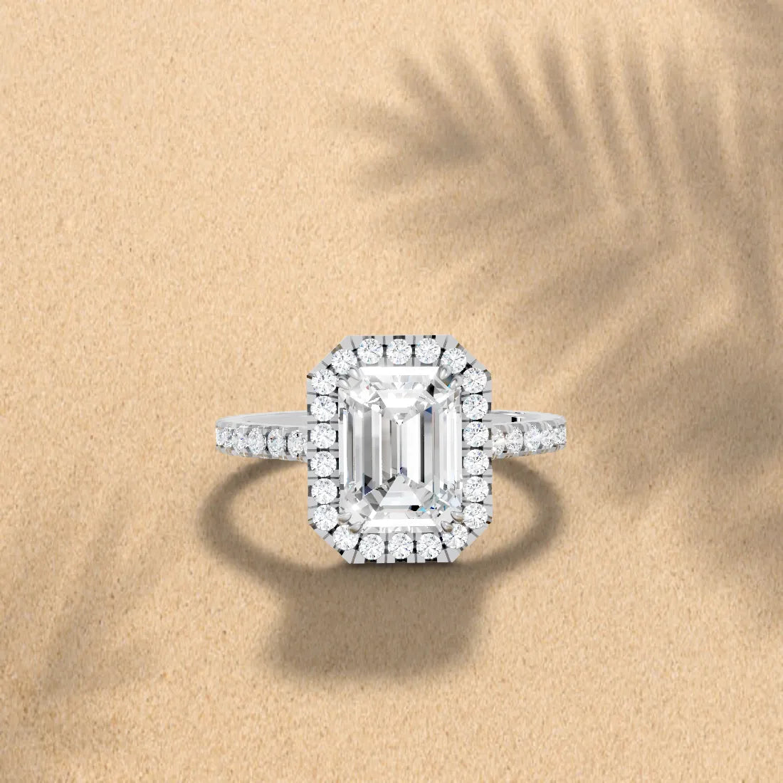 14K Gold Emerald Cut Diamond Halo Pave Engagement Ring
