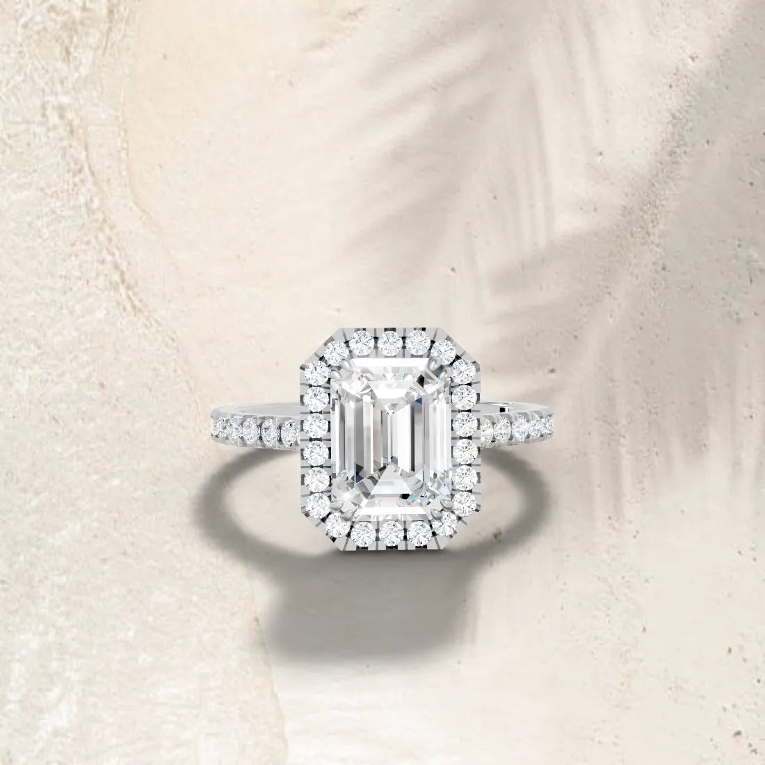 14K Gold Emerald Cut Diamond Halo Pave Engagement Ring