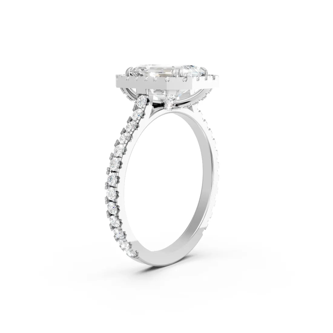 14K Gold Emerald Cut Diamond Halo Pave Engagement Ring