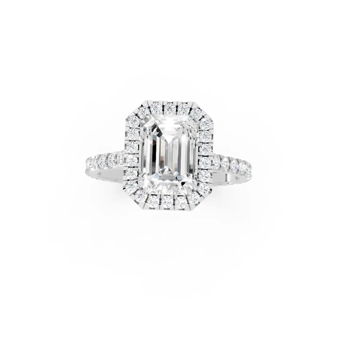 14K Gold Emerald Cut Diamond Halo Pave Engagement Ring