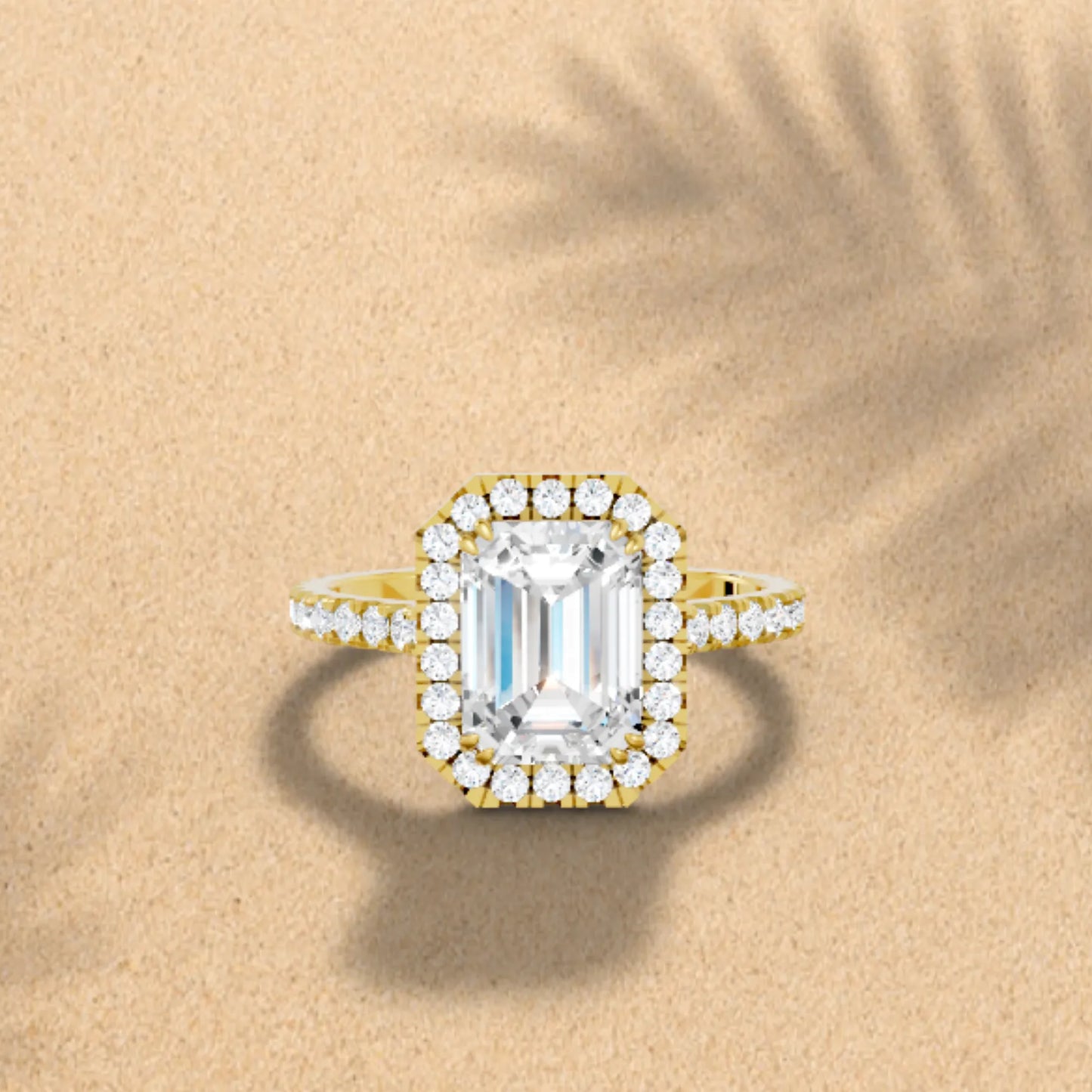 14K Gold Emerald Cut Diamond Halo Pave Engagement Ring