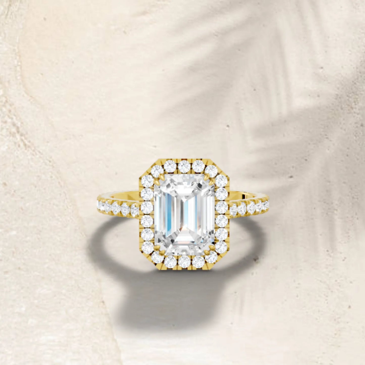 14K Gold Emerald Cut Diamond Halo Pave Engagement Ring