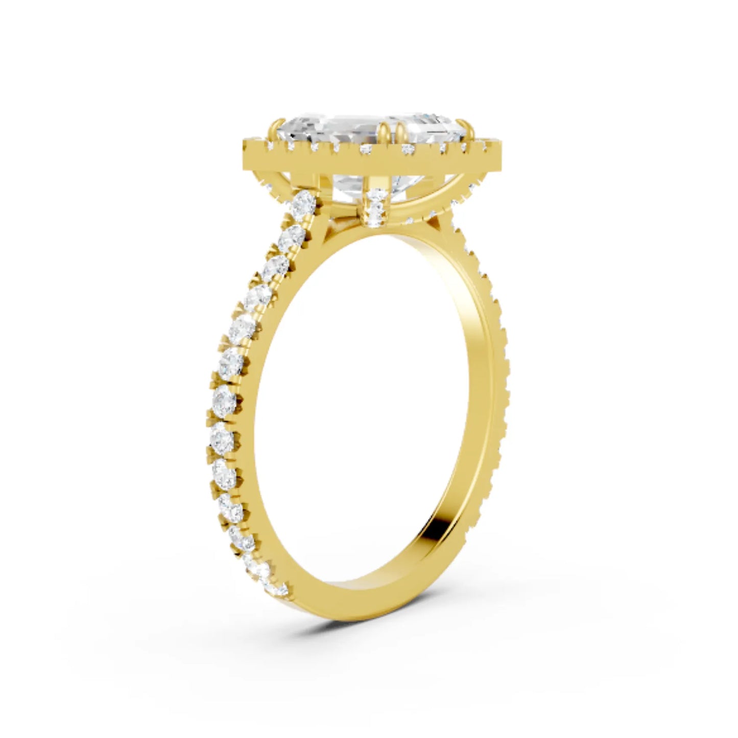 14K Gold Emerald Cut Diamond Halo Pave Engagement Ring
