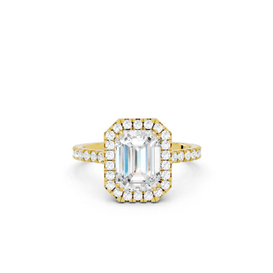 14K Gold Emerald Cut Diamond Halo Pave Engagement Ring
