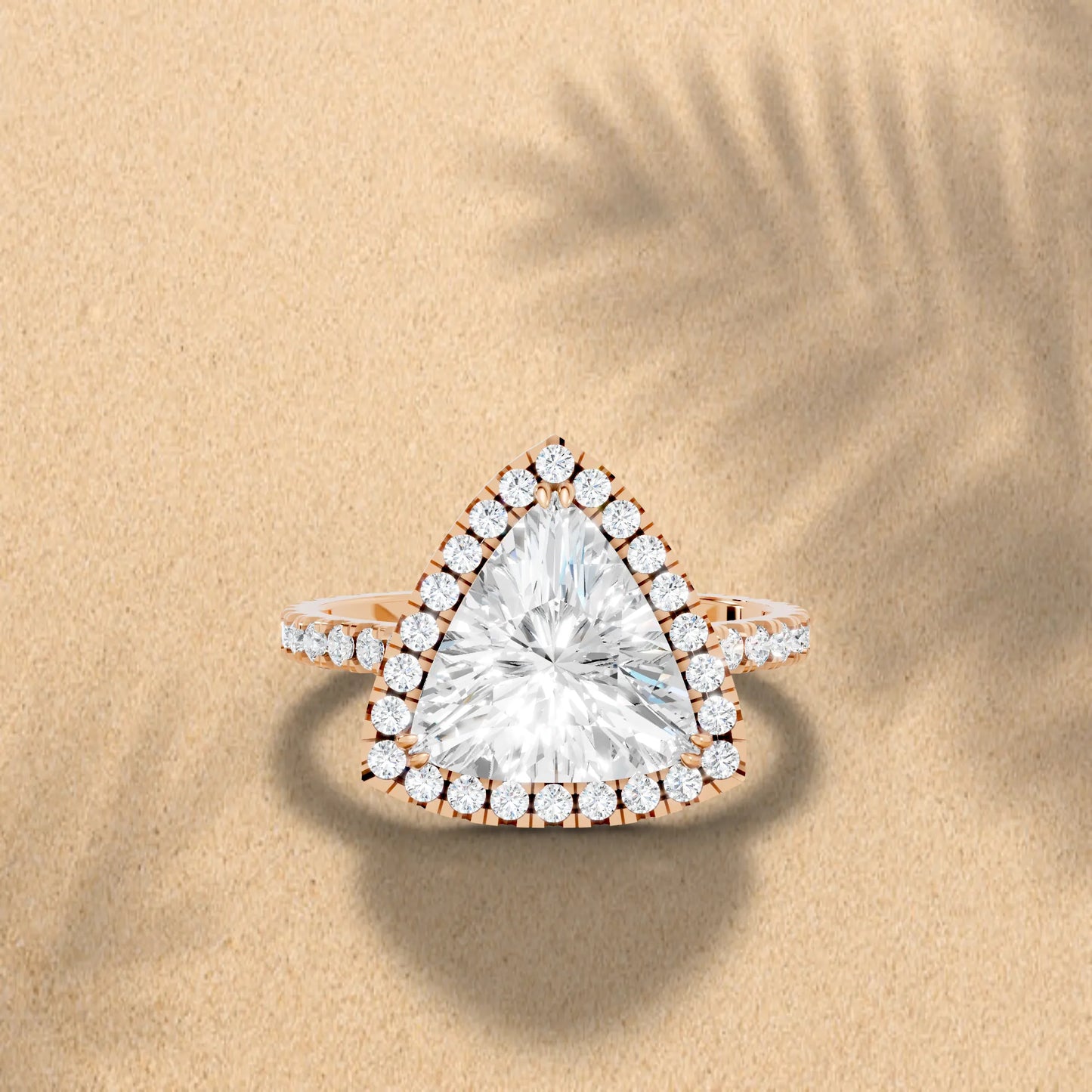 14K Gold Trillion Cut Diamond Halo Pave Engagement Ring