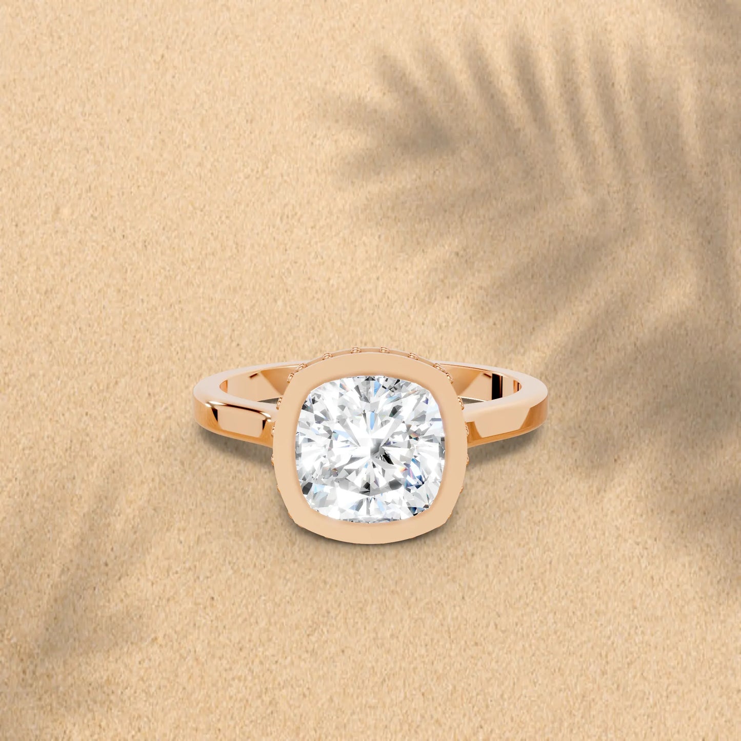 14K Gold Cushion Cut Diamond Hidden Halo Bezel Engagement Ring