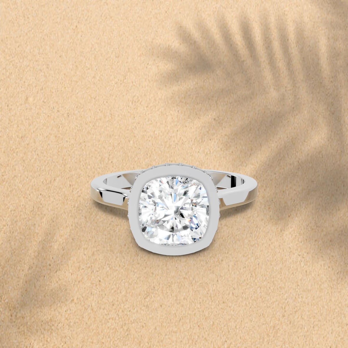 14K Gold Cushion Cut Diamond Hidden Halo Bezel Engagement Ring