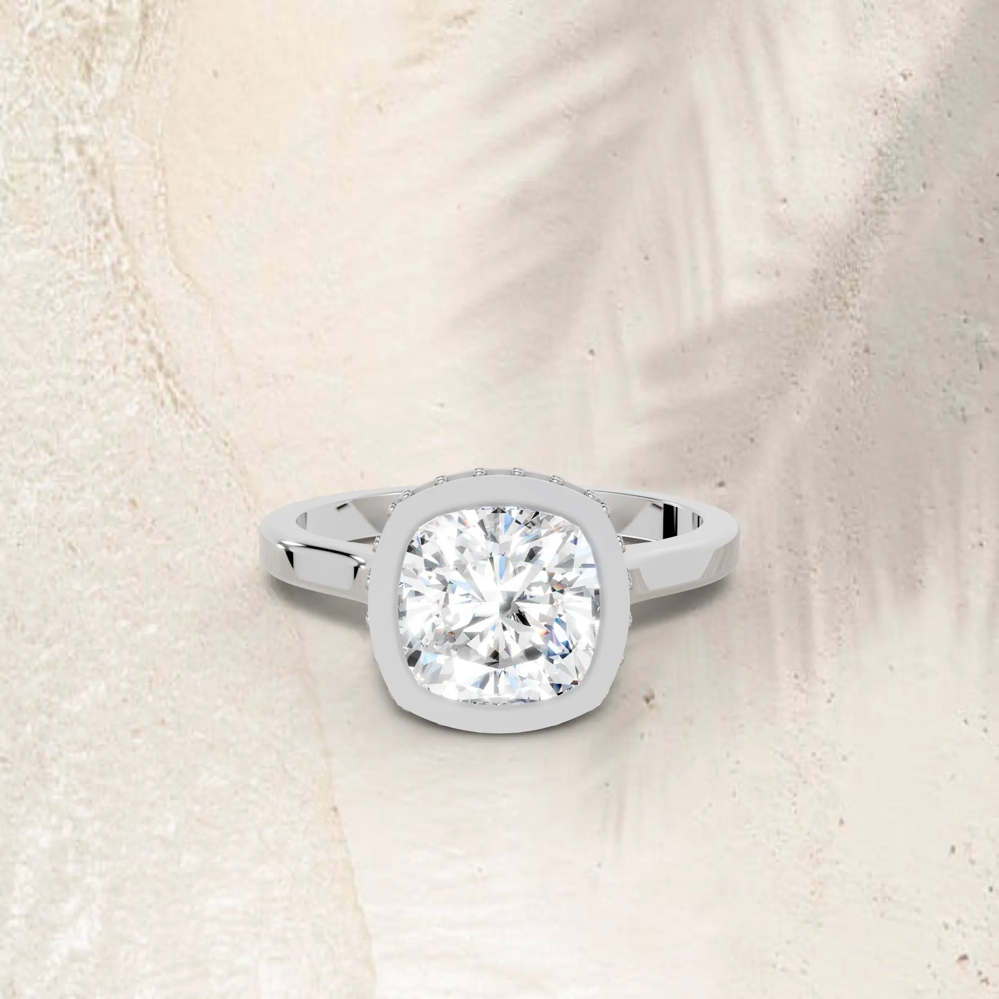 14K Gold Cushion Cut Diamond Hidden Halo Bezel Engagement Ring