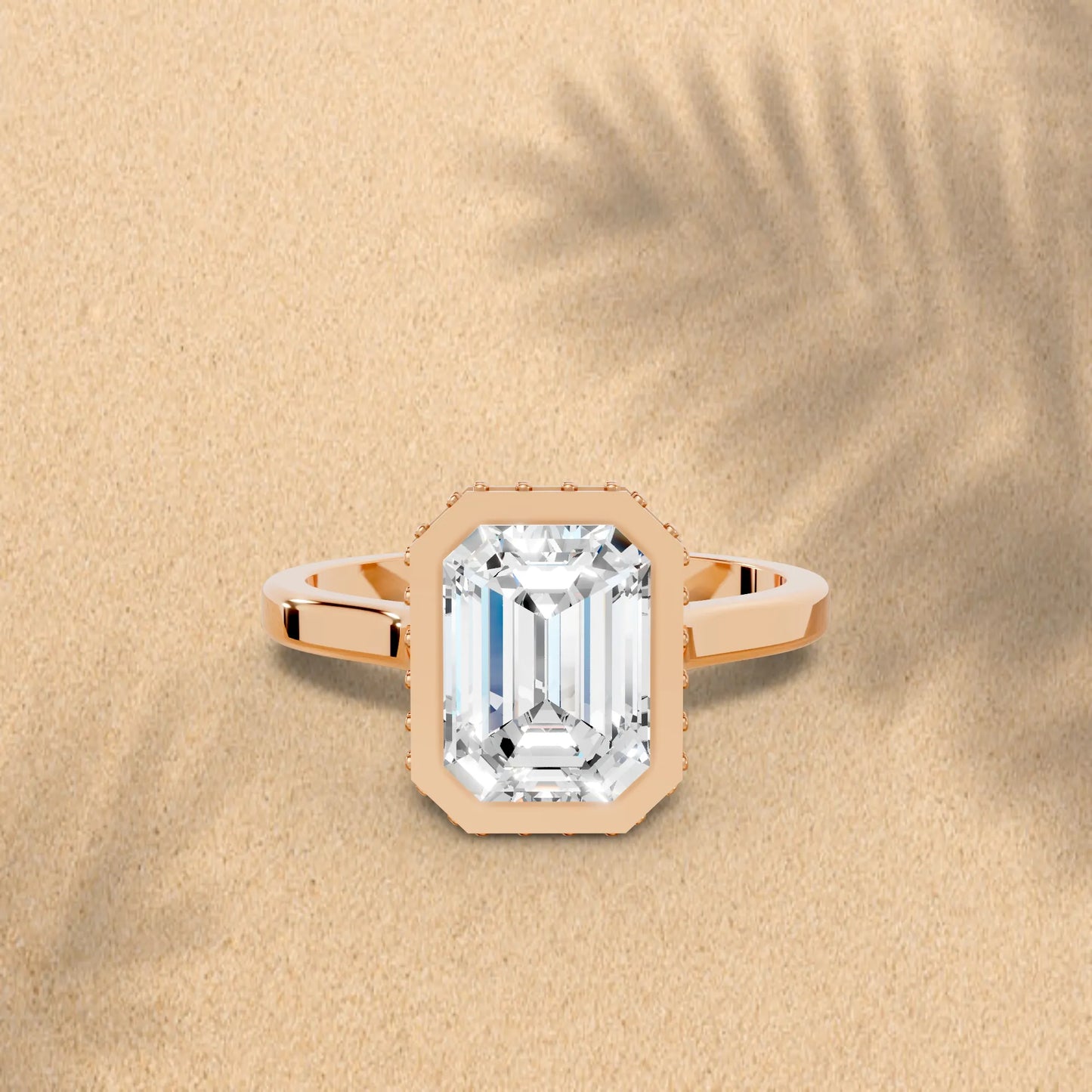 14K Gold Emerald Cut Diamond Hidden Halo Bezel Engagement Ring
