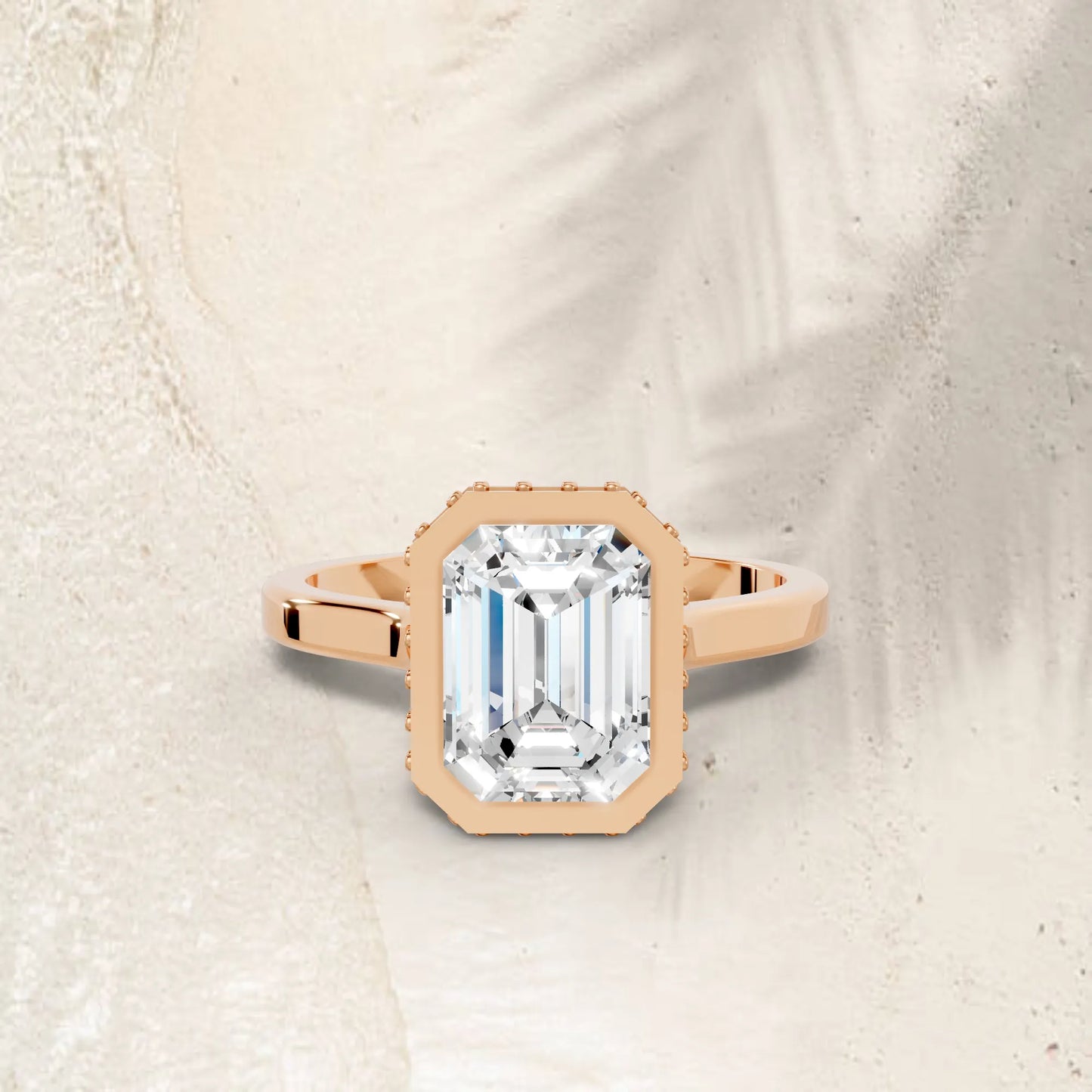 14K Gold Emerald Cut Diamond Hidden Halo Bezel Engagement Ring