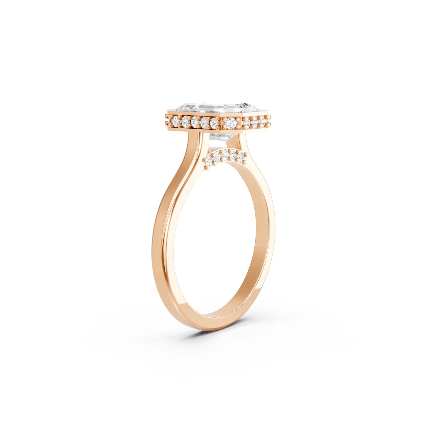 14K Gold Emerald Cut Diamond Hidden Halo Bezel Engagement Ring