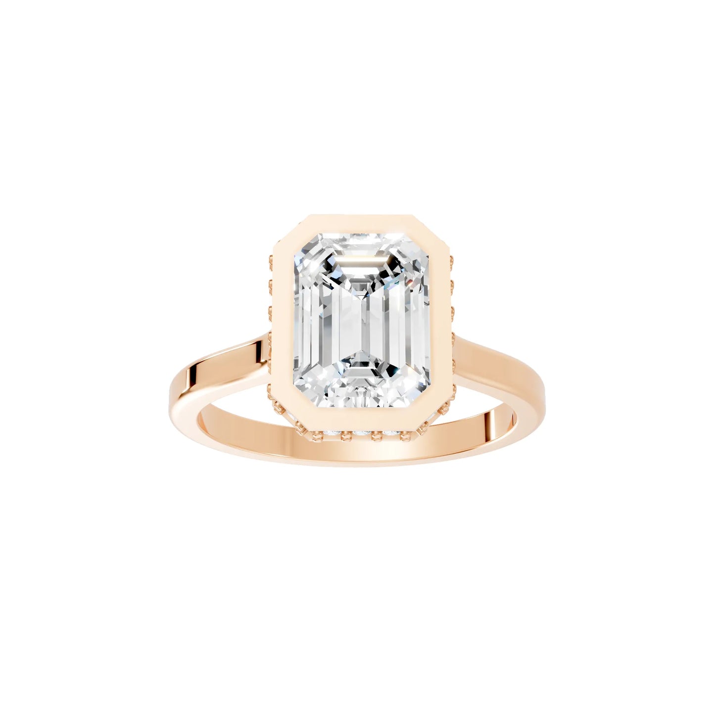 14K Gold Emerald Cut Diamond Hidden Halo Bezel Engagement Ring