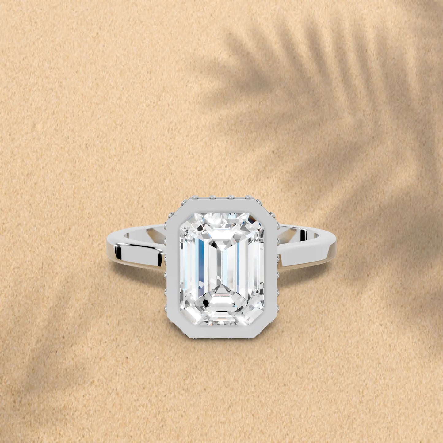 14K Gold Emerald Cut Diamond Hidden Halo Bezel Engagement Ring