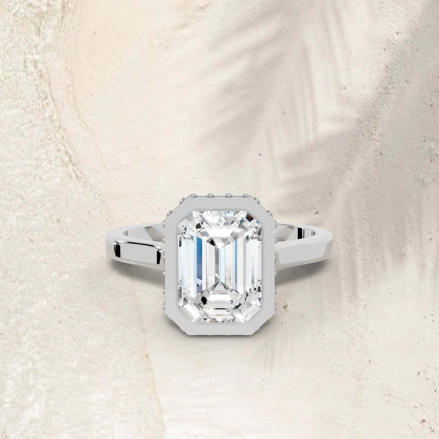 14K Gold Emerald Cut Diamond Hidden Halo Bezel Engagement Ring