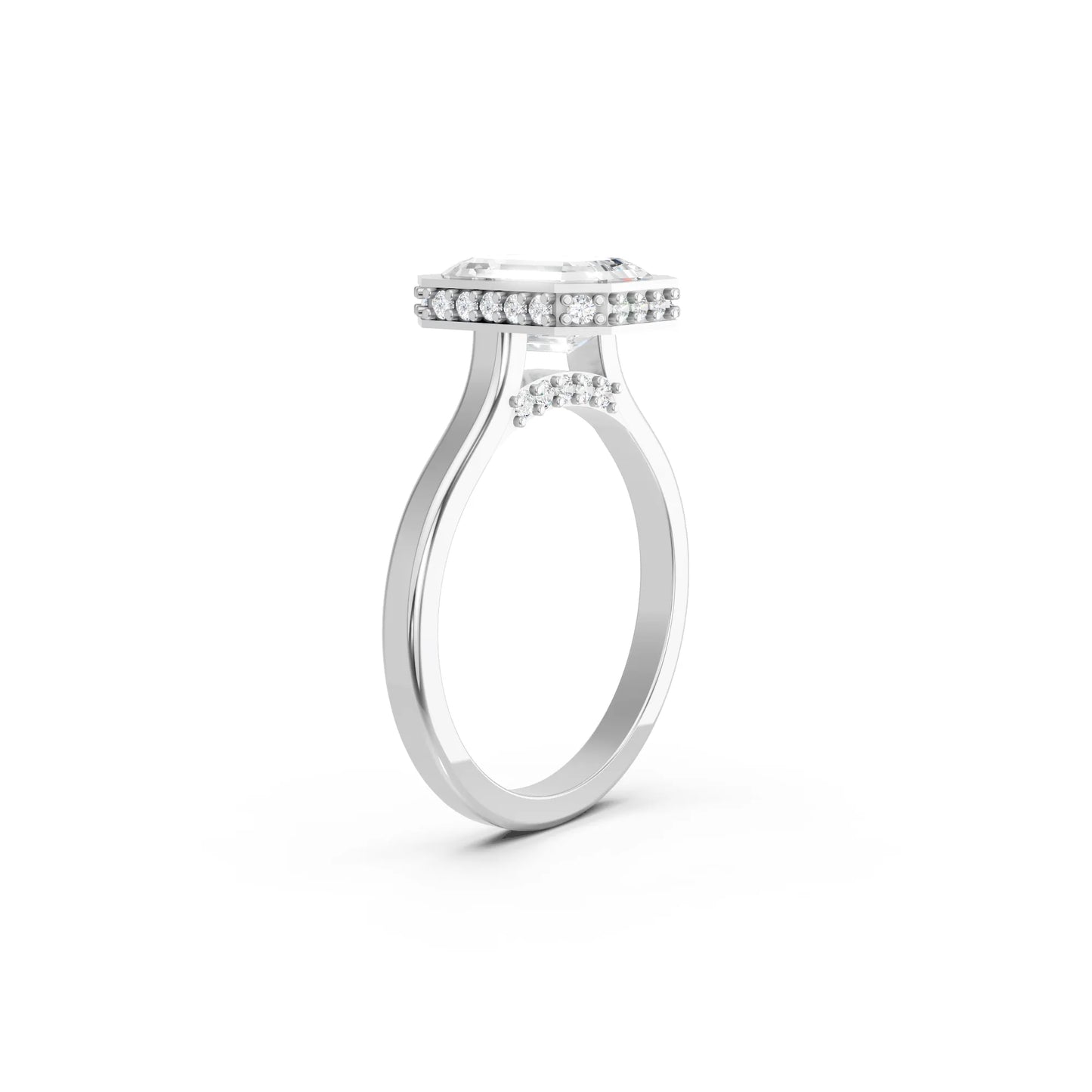 14K Gold Emerald Cut Diamond Hidden Halo Bezel Engagement Ring