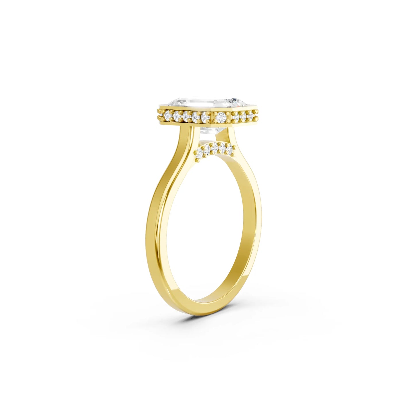 14K Gold Emerald Cut Diamond Hidden Halo Bezel Engagement Ring