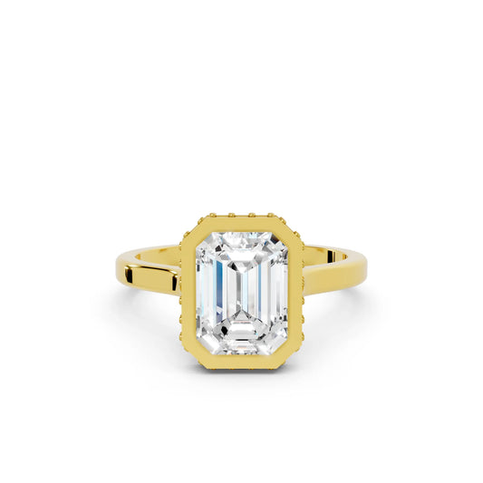 14K Gold Emerald Cut Diamond Hidden Halo Bezel Engagement Ring
