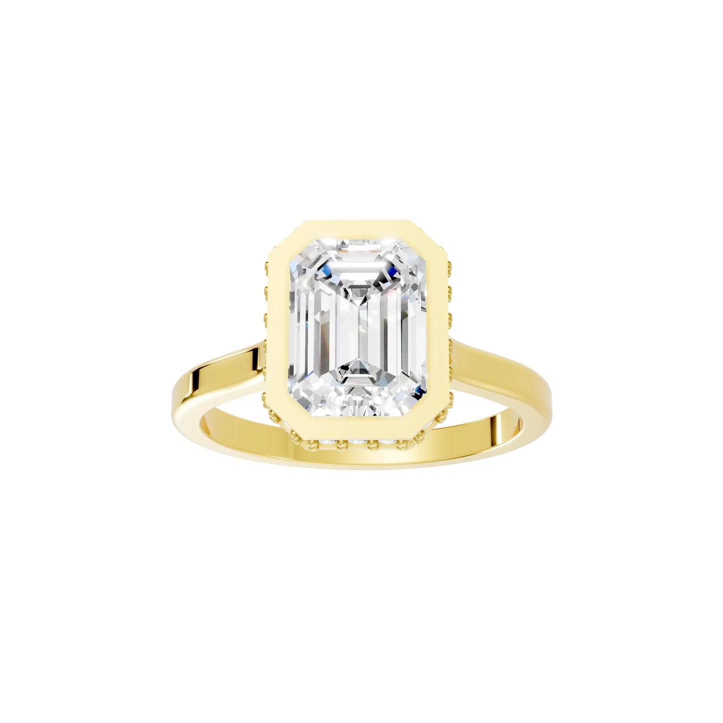14K Gold Emerald Cut Diamond Hidden Halo Bezel Engagement Ring