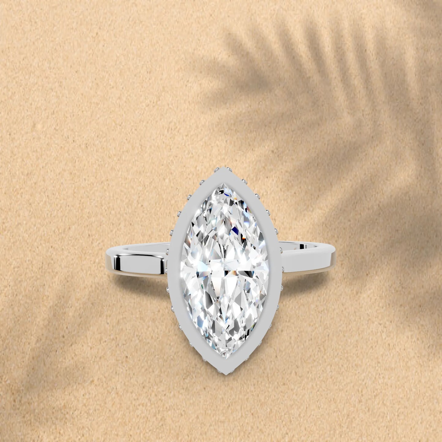 14K Gold Marquise Cut Diamond Hidden Halo Bezel Engagement Ring
