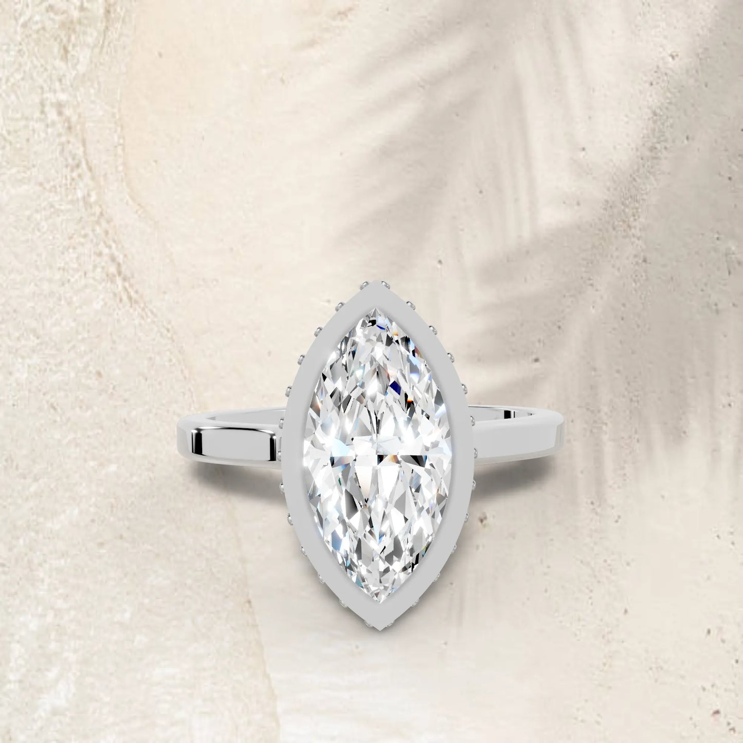 14K Gold Marquise Cut Diamond Hidden Halo Bezel Engagement Ring