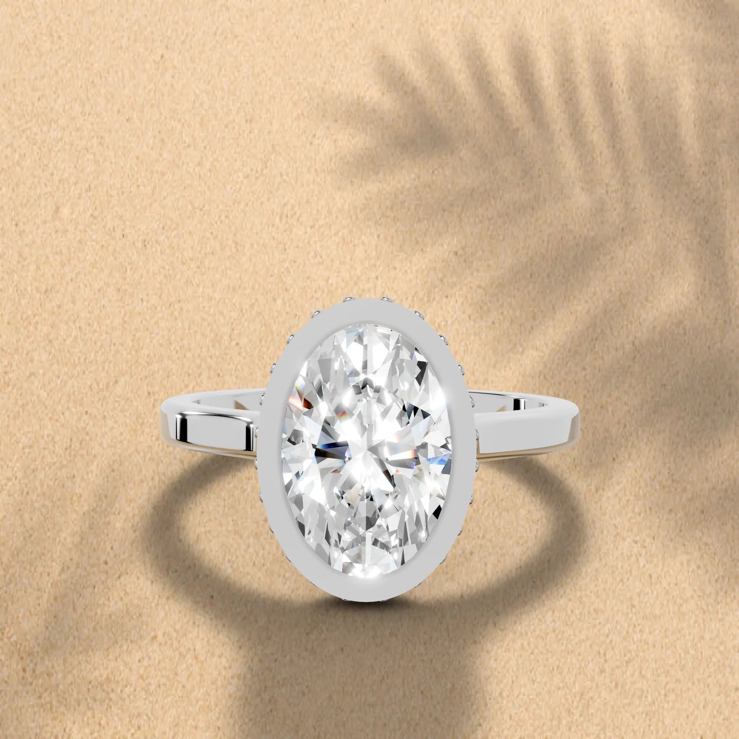 14K Gold Oval Cut Diamond Hidden Halo Bezel Engagement Ring