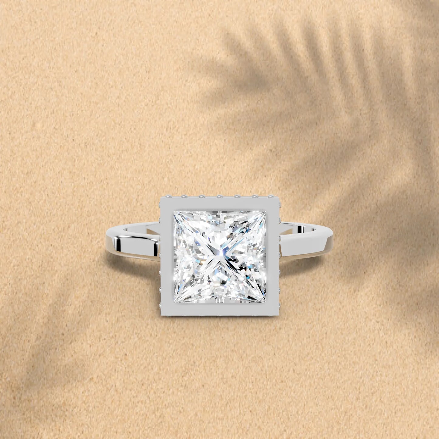 14K Gold Princess Cut Diamond Hidden Halo Bezel Engagement Ring