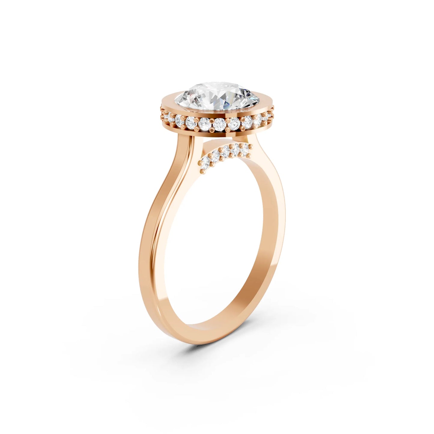14K Gold Round Cut Diamond Hidden Halo Bezel Engagement Ring