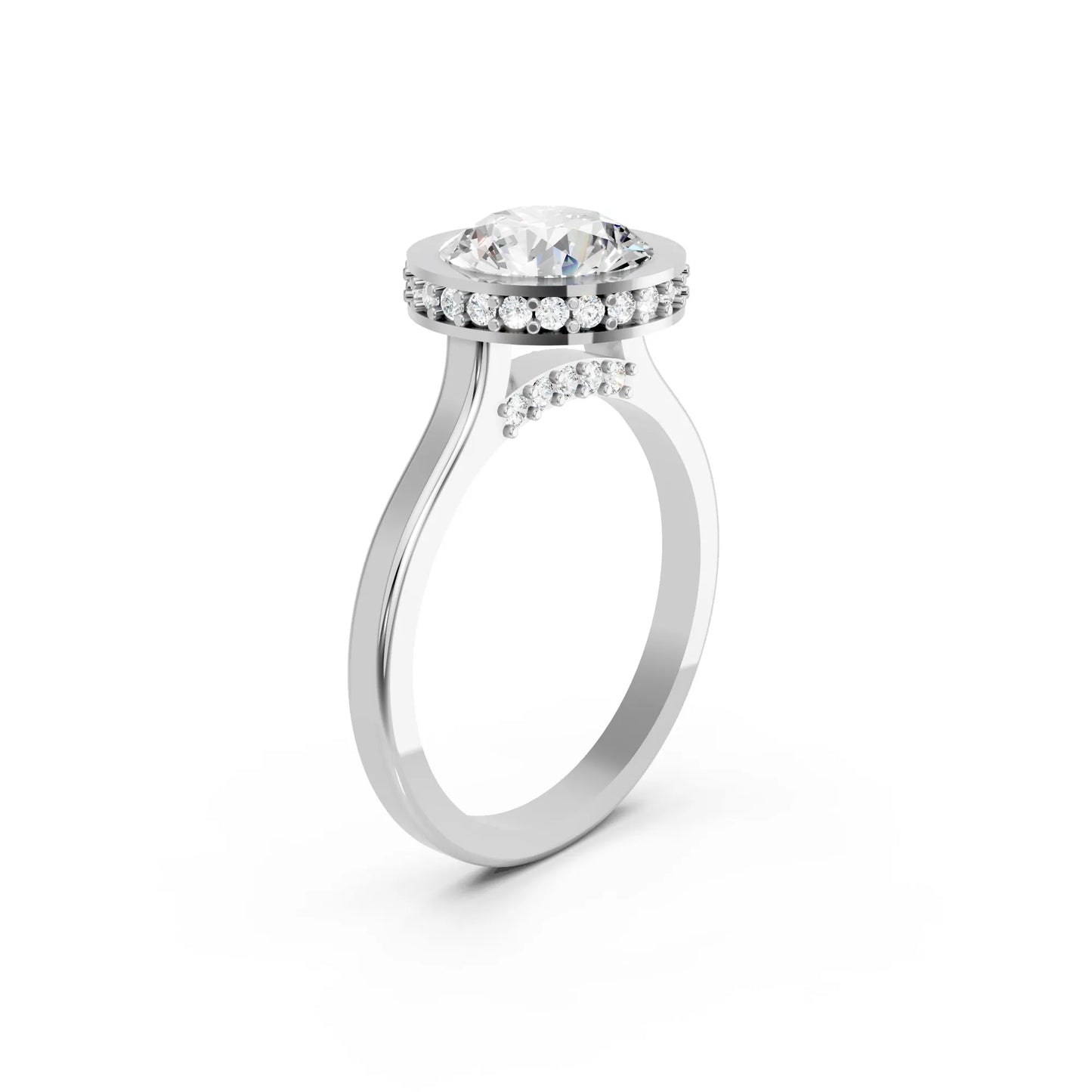 14K Gold Round Cut Diamond Hidden Halo Bezel Engagement Ring