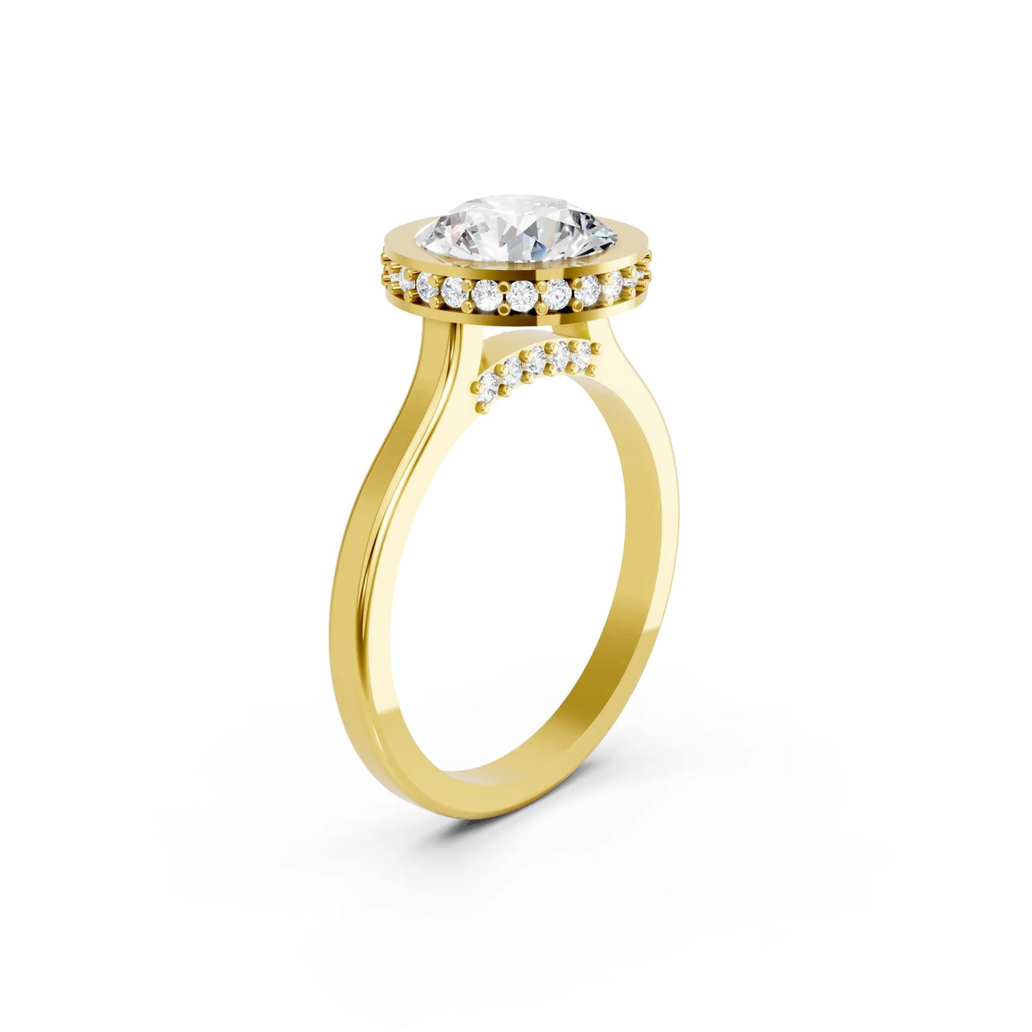 14K Gold Round Cut Diamond Hidden Halo Bezel Engagement Ring