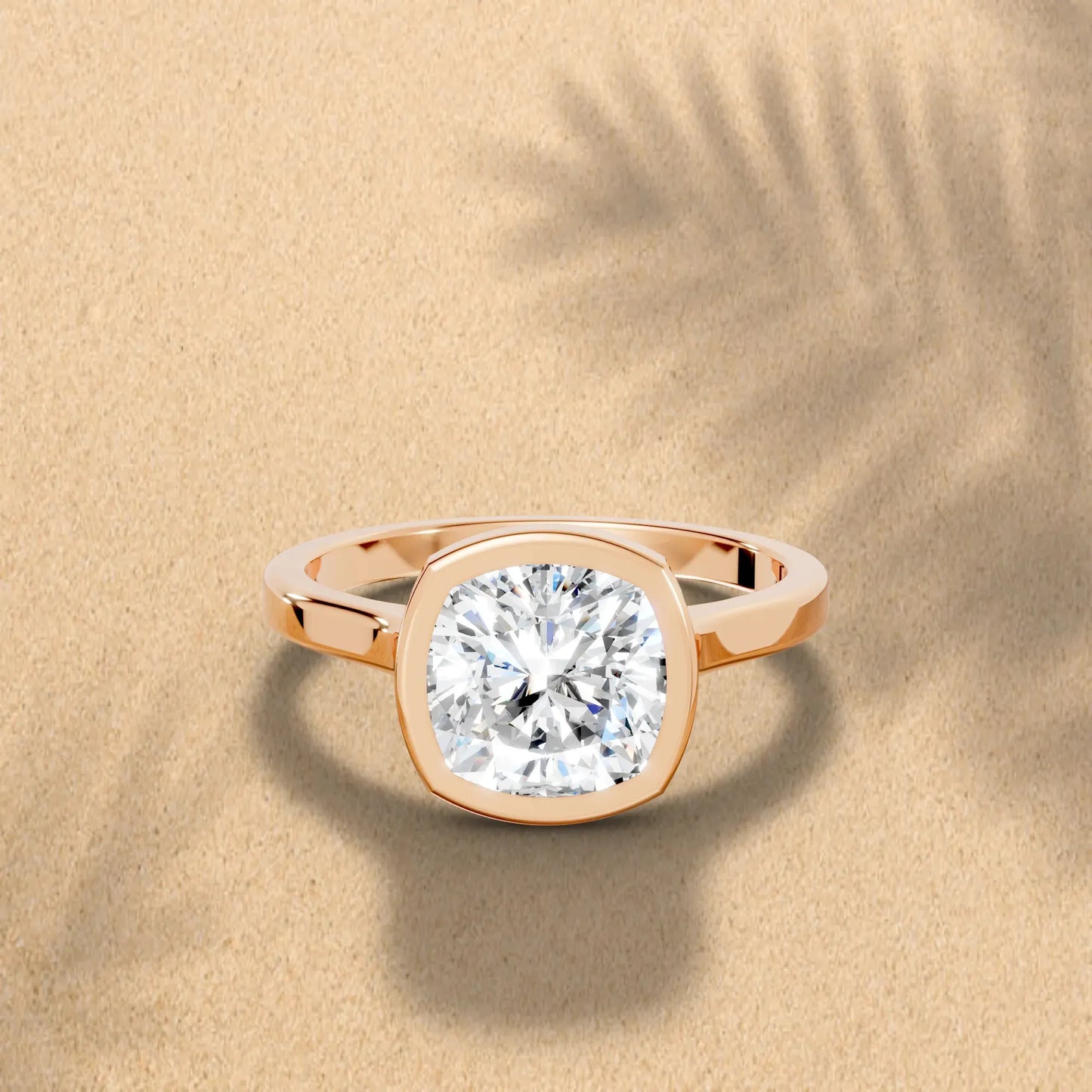14K Gold Cushion Cut Diamond Bezel Engagement Ring