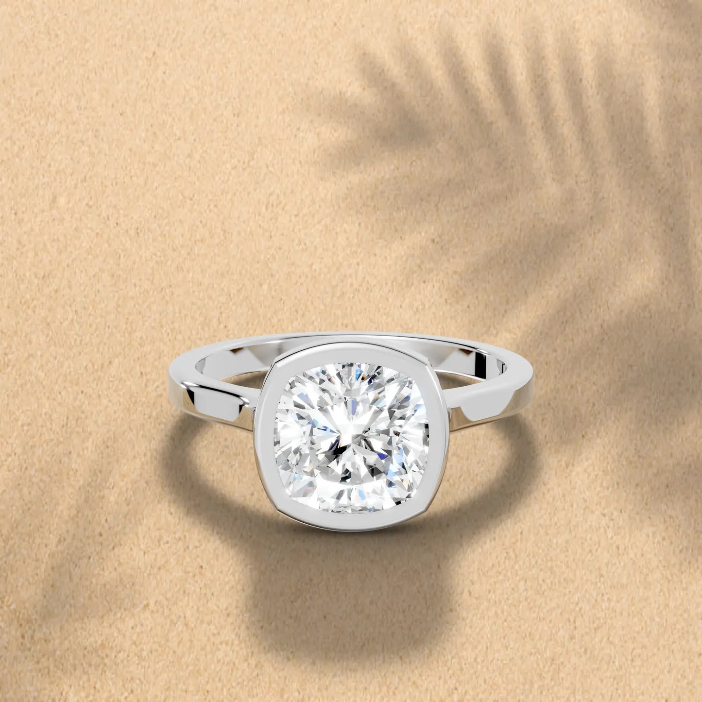 14K Gold Cushion Cut Diamond Bezel Engagement Ring