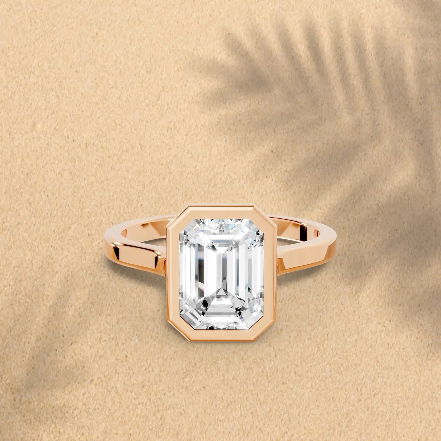 14K Gold Emerald Cut Diamond Bezel Engagement Ring