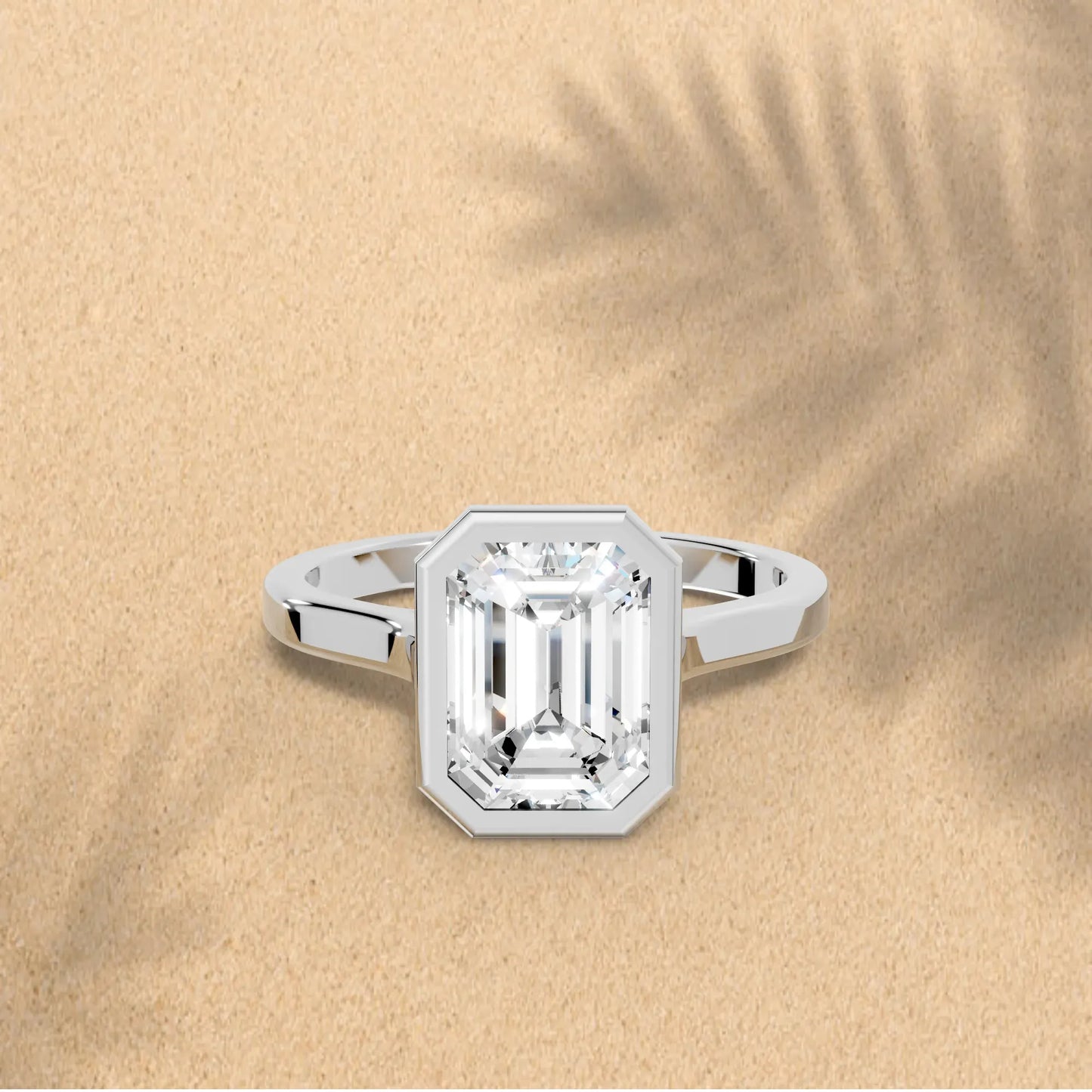 14K Gold Emerald Cut Diamond Bezel Engagement Ring