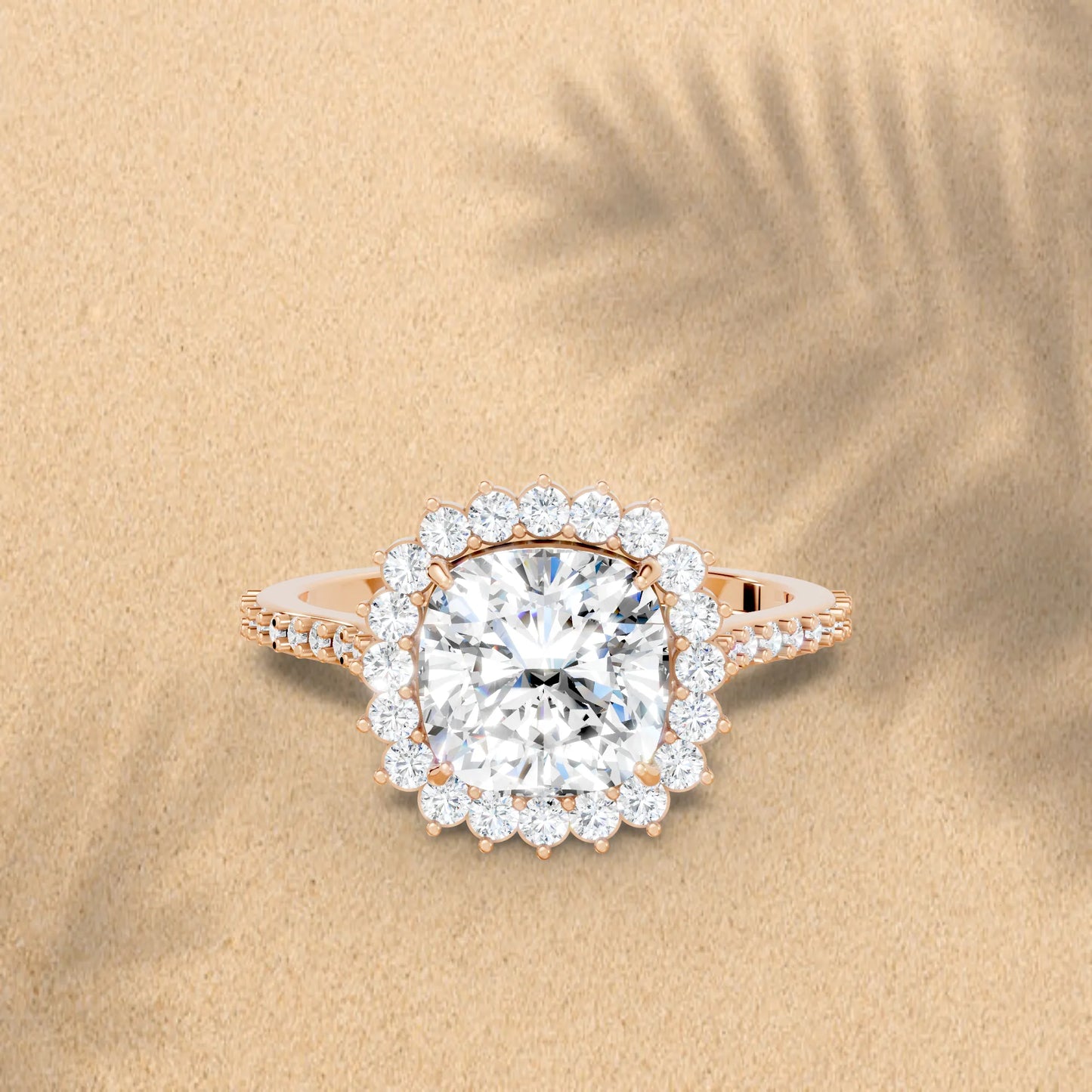 14K Gold Cushion Cut Diamond Floral Halo Pave Engagement Ring