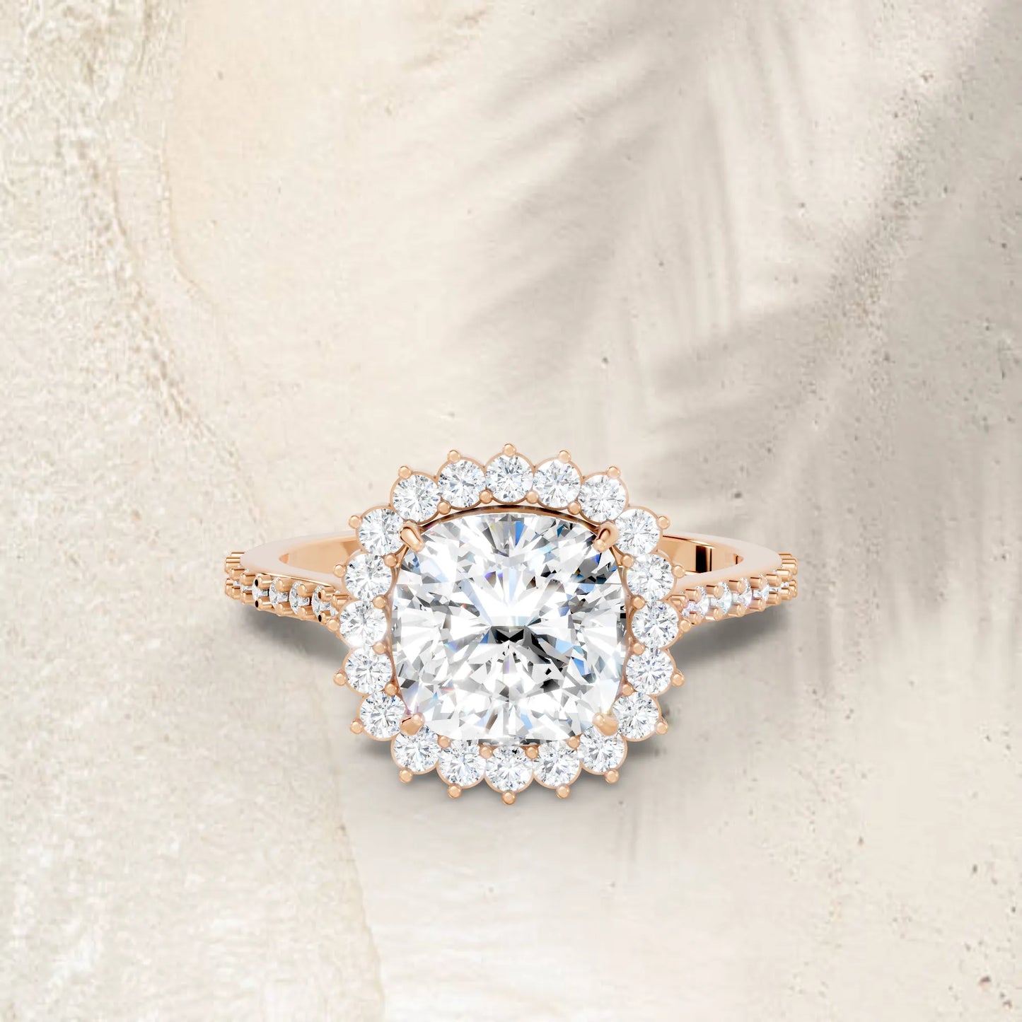 14K Gold Cushion Cut Diamond Floral Halo Pave Engagement Ring