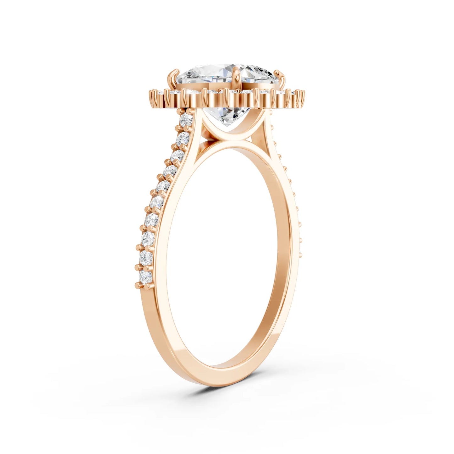 14K Gold Cushion Cut Diamond Floral Halo Pave Engagement Ring