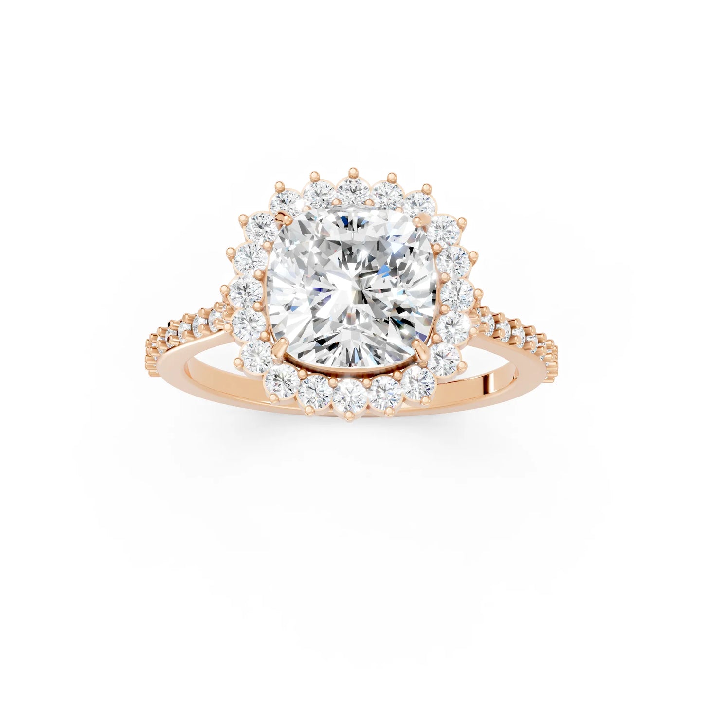 14K Gold Cushion Cut Diamond Floral Halo Pave Engagement Ring