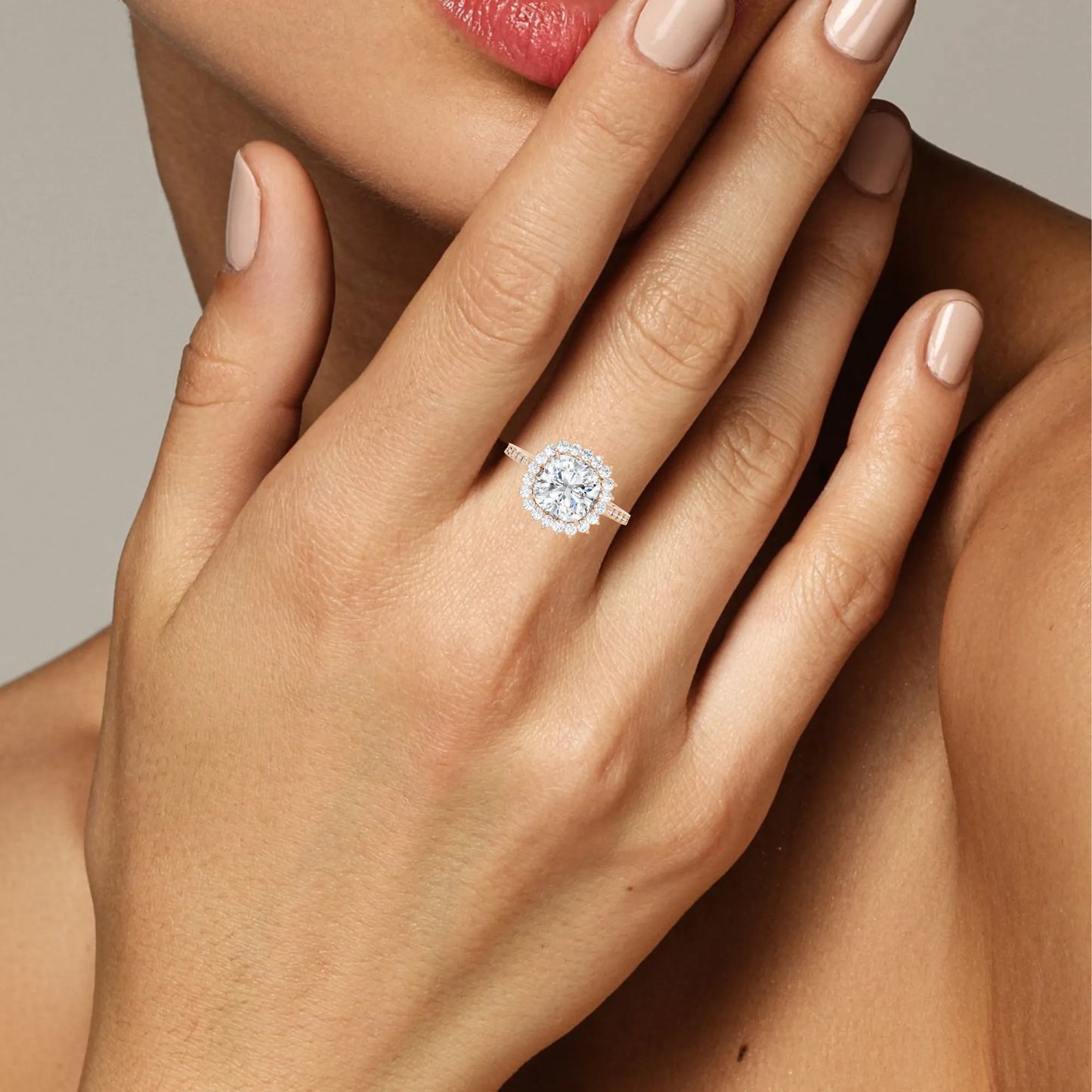 14K Gold Cushion Cut Diamond Floral Halo Pave Engagement Ring